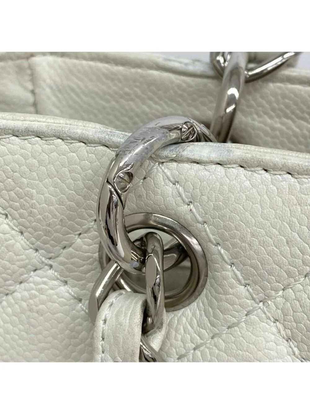 Chanel Shoulder Bag Quilted Caviar Leather White Silver